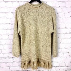 Vintage western crewneck fringe women’s sweater tan brown Bohemian stretchy